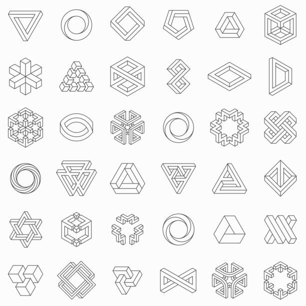 zestaw elementów geometrycznych, niemożliwe kształty, izolowane na białym - przeciwność losu stock illustrations