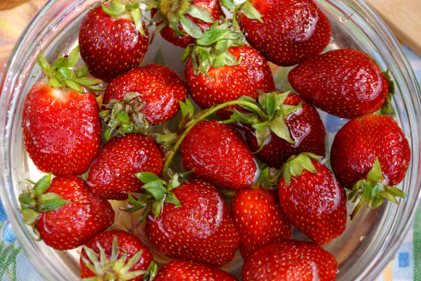 물 용량에 신선한 딸기 - washing fruit preparing food strawberry 뉴스 사진 이미지