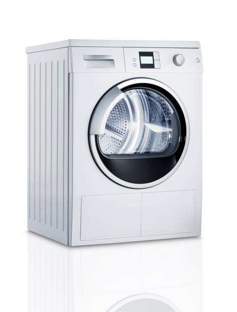máquina de lavado (aislado con trazado de recorte sobre fondo blanco) - towel indoors single object simplicity fotografías e imágenes de stock
