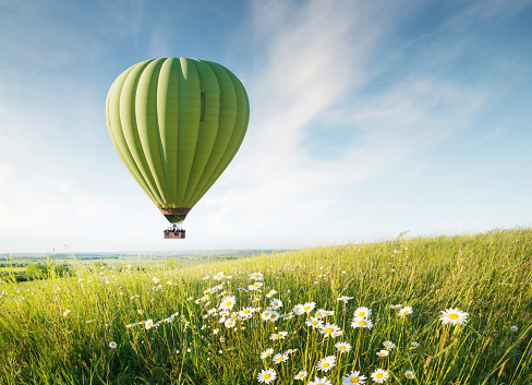 Air ballon above field with flowers at the summer time. Concept and idea of adventure