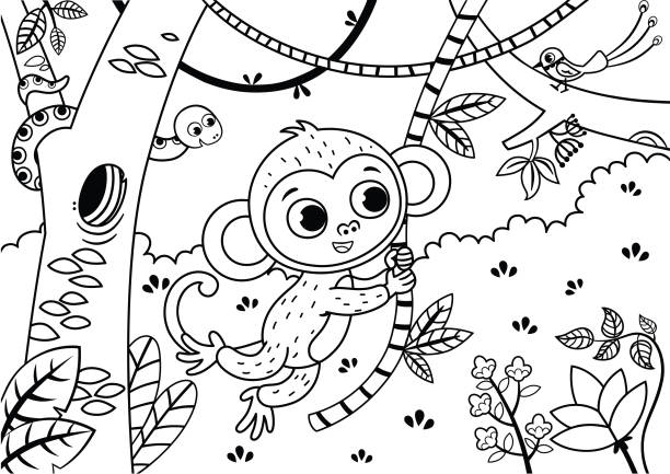 czarno-biała ilustracja uroczej małpy w dżungli. - cartoon monkey animal tree stock illustrations