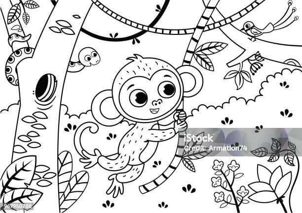 Black And White Illustration Of A Cute Monkey In The Jungle Stock Illustration - Download Image Now