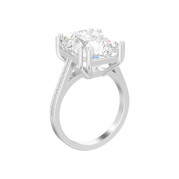 istock 3D illustration isolated silver traditional solitaire engagement diamond ring with radiant diamond 967962034