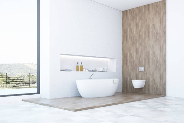 istock White and wooden bathroom design side view 967985226