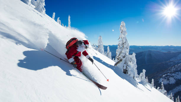 Powder skiing Heliskiing in BC. back country skiing photos stock pictures, royalty-free photos & images