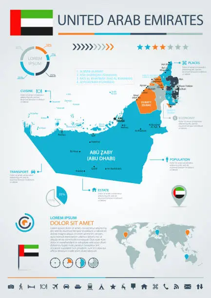 Vector illustration of 12 - United Arab Emirates - Blue-Orange Infographic 10