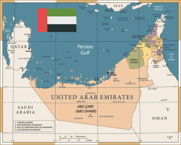 20 - United Arab Emirates - Vintage Color Dark Map of United Arab Emirates - Vintage Vector illustration united arab emirates flag map stock illustrations