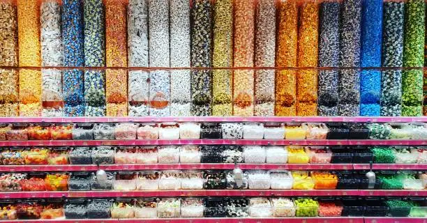 Large, filled tubes with all kinds of candies, in a shop in the Netherlands.