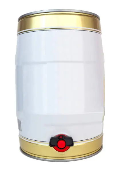 Small individual gold and white colored metal beer keg with tap. Isolated