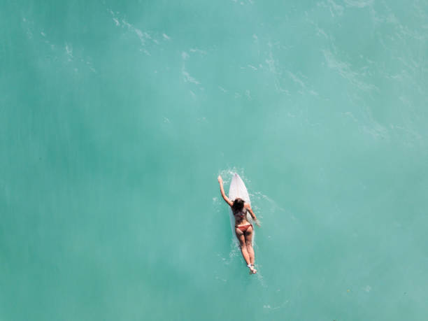 istock Young woman in red bikini paddling a surfboard 968009244