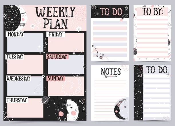 ilustraciones, imágenes clip art, dibujos animados e iconos de stock de plantilla de planificador semanal y diaria. - calendar routine personal organizer week