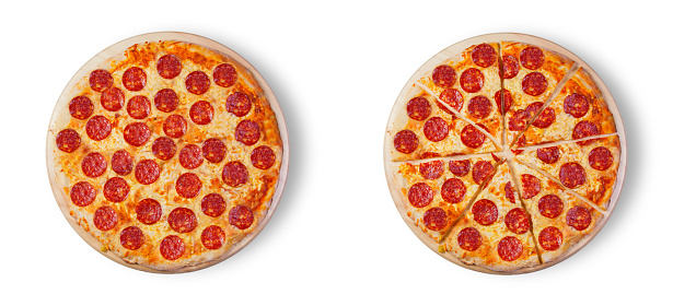 Pizza pepperoni on the white background. This picture is perfect for you to design your restaurant menus. Visit my page. You will be able to find an image for every pizza sold in your cafe