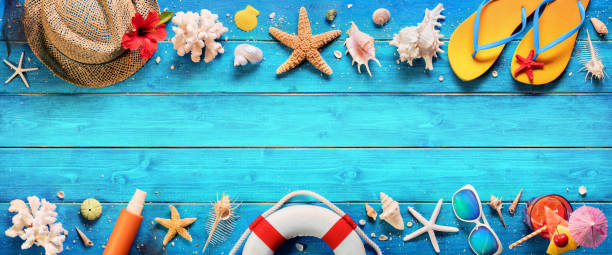istock Beach Accessories On Blue Plank - Summer Holiday Banner 968028160