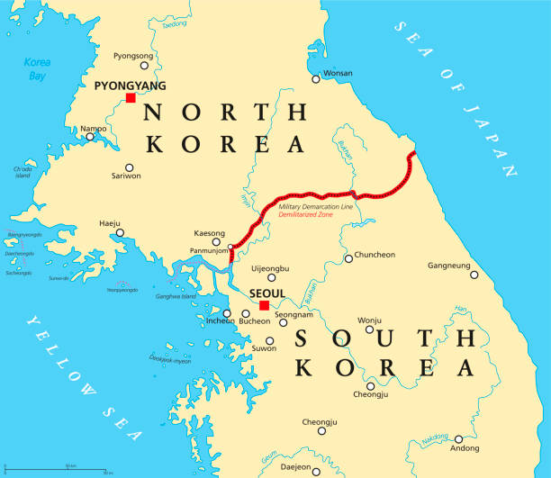 Korean peninsula, demilitarized zone, political map Korean Peninsula, Demilitarized Zone, political map. North and South Korea with Military Demarcation Line, capitals, borders, most important cities and rivers. English labeling. Illustration. Vector. north stock illustrations