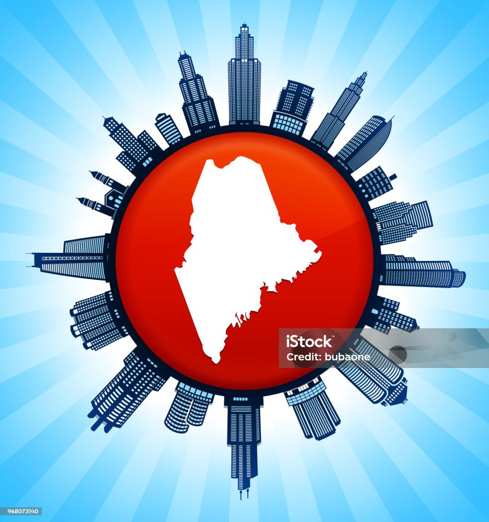 Maine State Map on Republican Red City Skyline Background Maine State Map on Republican Red City Skyline Background. The state map depicted is placed on a shiny round button. The button is in the center of the illustration. a detailed 100% vector cityscape skyline is placed around the circumference of the button and includes various office, residential condominium and commercial real estate buildings. There is a blue sky background with a star burst glow rendered behind the buildings. The image is ideal for displaying city life concepts and ideas. American Culture stock vector