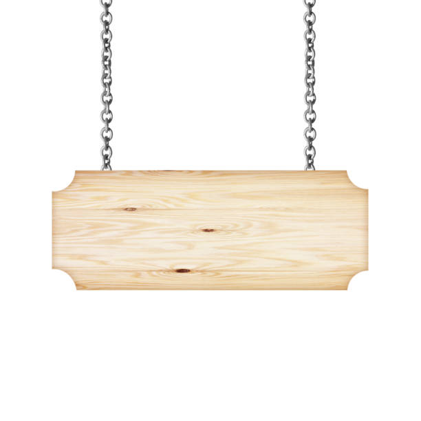 istock Wooden sign hanging on a chain isolated on white  background 968077878