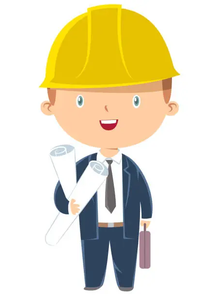 Vector illustration of engineer boy holding paper plans