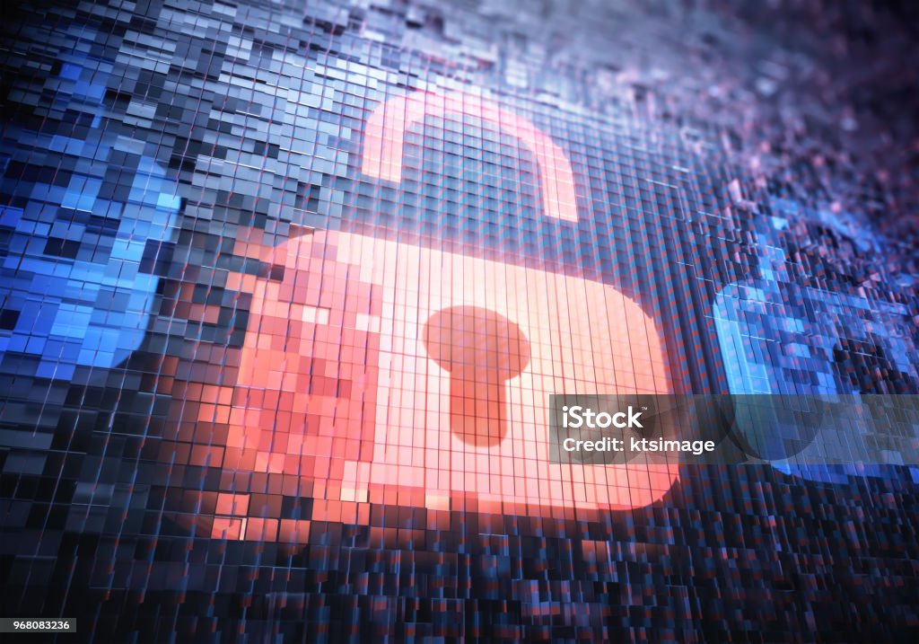 Digital Security Padlock Hacker Access 3D illustration. Security padlock being broken for unauthorized access by computer hackers. LED screen being destroyed pixel by pixel. Internet Stock Photo