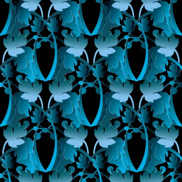 Vector illustration of Baroque vector seamless pattern. Floral vintage black blue damas