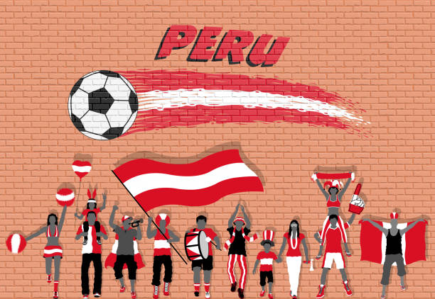 peruanischen fußballfans jubeln mit peru kennzeichnen farben vor der fußball-kugel-graffiti - länderspiel stock-grafiken, -clipart, -cartoons und -symbole