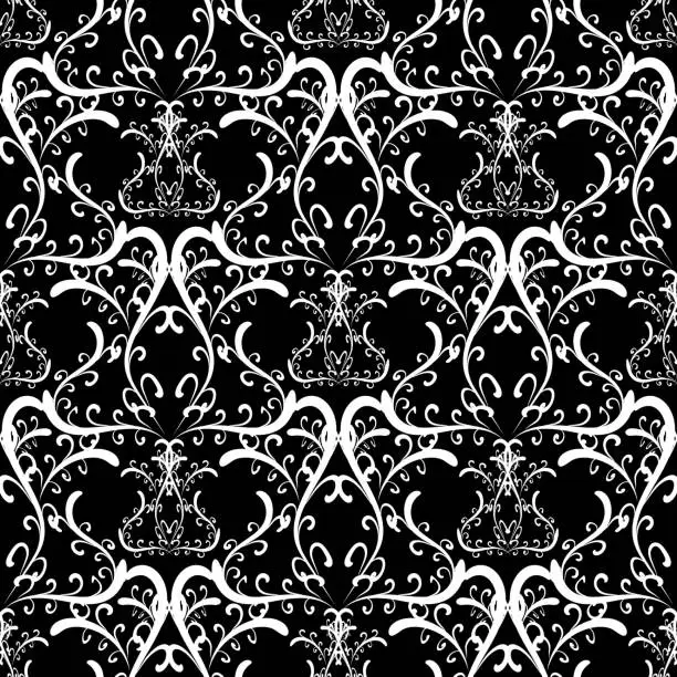Vector illustration of Swirls vintage floral vector seamless pattern. Black white damas
