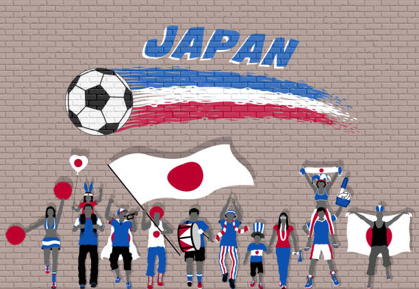 日本と日本のサッカー応援旗サッカー  ボール落書きの前で色 - ワールドカップ点のイラスト素材／クリップアート素材／マンガ素材／アイコン素材