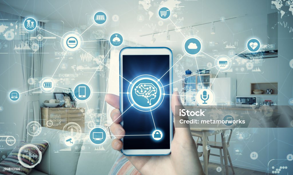 Smart house concept. Communication network of residence. Energy management system. IoT. AI. Internet of Things Stock Photo