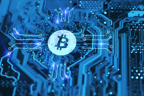 istock Bitcoin cash cryptocurrency concept on blue integrated circuit on background. Blockchain technology concept. BCC or BCH icon 968118768