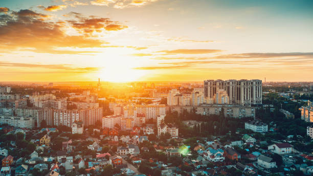 istock Voronezh city at sunset time in summer, aerial panoramic view from rooftop 968134700