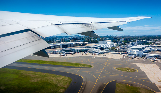 Sydney, Australia - Nov 23, 2017: Delta Airlines Flight DAL40 takes off out of Kingsford-Smith International Airport en-route to Los Angeles, USA. Sunny day and clear sky.