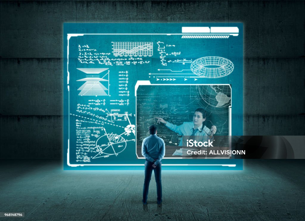 Screen With Advanced Math Student In Front Of Digital Screen With Mathematical Formulas And ...