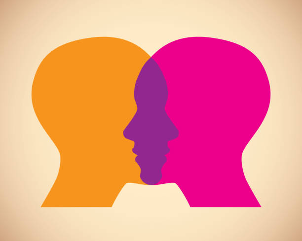 Women Faces Overlapping Vector illustration of two orange and pink women's faces against a tan background in flat style. two people illustrations stock illustrations