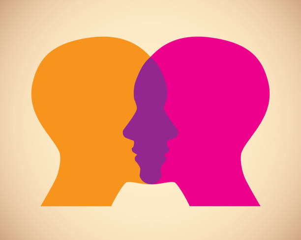Women Faces Overlapping Vector illustration of two orange and pink women's faces against a tan background in flat style. face to face communication stock illustrations