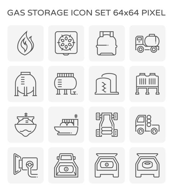 natural gas icon Gas storage and transportation icon set, 64x64 perfect pixel and editable stroke. lng liquid natural gas stock illustrations