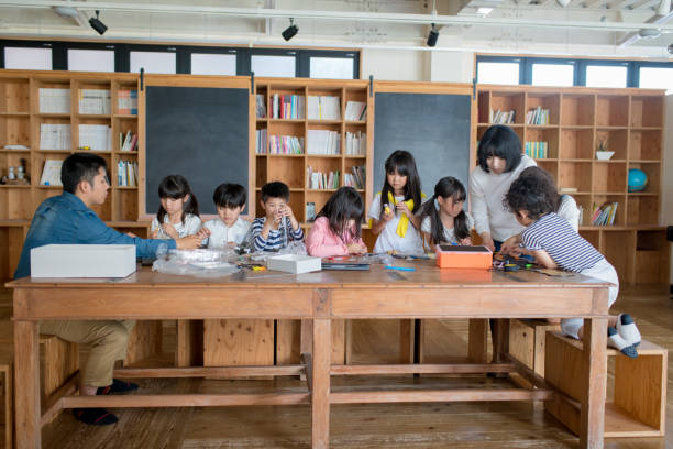 istock Young group of students in a robotics club having fun 968164746