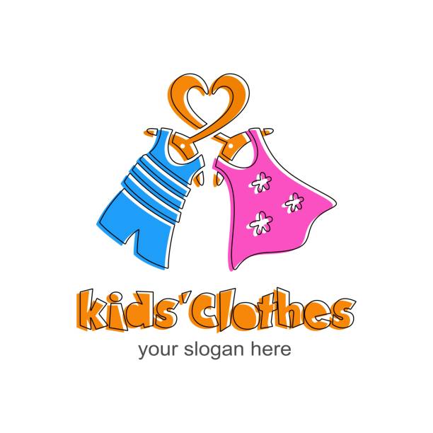 Kids clothes logo. Sign for children's shop. Logotype with orange heart, pink dress for girl, blue t-shirt and shorts for boy. Vector template. baby boutique stock illustrations