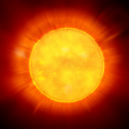 3D render depicting the surface of the sun or a yellow star. The surface or photosphere is yellow and the corona is in red.