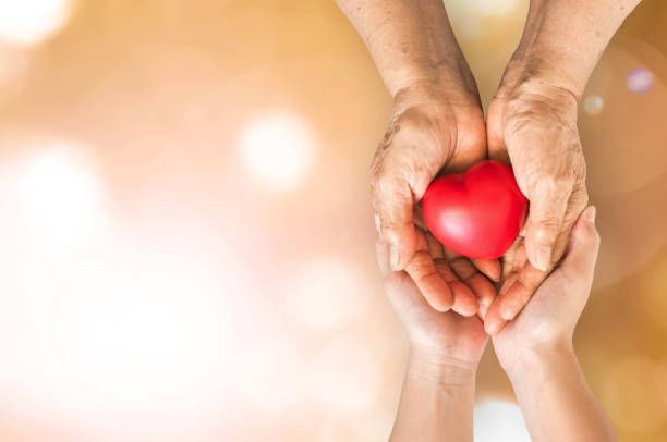 personnes âgées seniors mains personne ou grand-parent de coeur rouge à l’appui des soins infirmiers soignant familial de national de soins palliatifs et aidants familiaux mois concept - hand on heart photos photos et images de collection