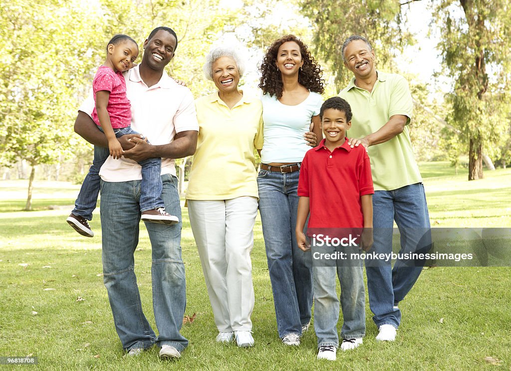 Портрет расширенной семьи в парке группа - Стоковые фото Прародитель роялти-фри