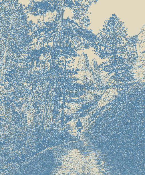 Mezzotint illustration of a Young man hiking in Bryce Canyon National Park. Peekaboo Loop Trail.