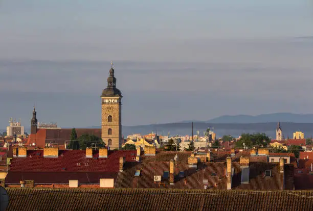City Ceske Budejovice with black tower in morning light