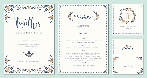 Invitation, menu, table number and name place card design.  Floral wedding templates. Good for birthday, bridal and baby shower. Vector illustration.
