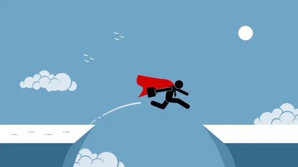 Vector illustration of Businessman with red cape taking risk by jumping over a chasm.