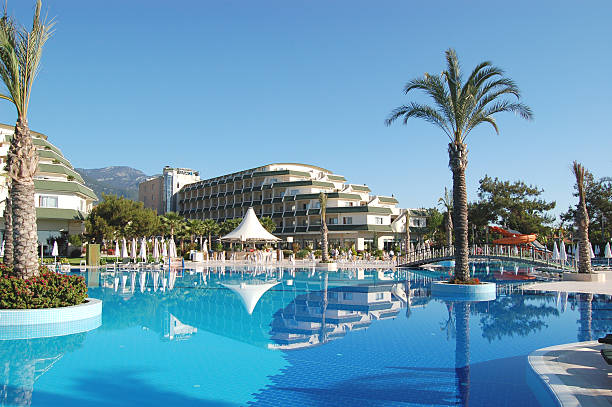 Hotel on mediterranean sea coast, Antalya, Turkey stock photo