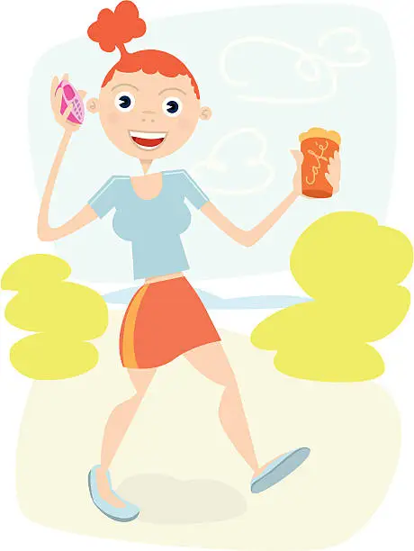 Vector illustration of Girl with phone and red hair walking along the beach