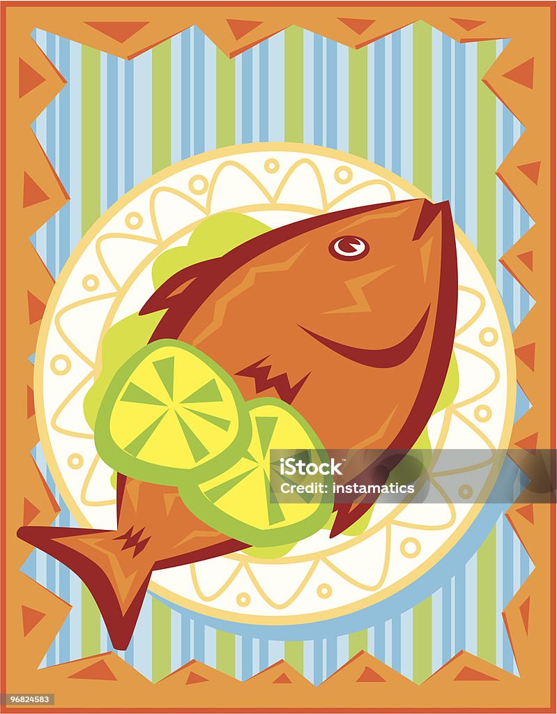 Orange poisson avec tranche de lime dans une assiette - clipart vectoriel de Aliments et boissons libre de droits