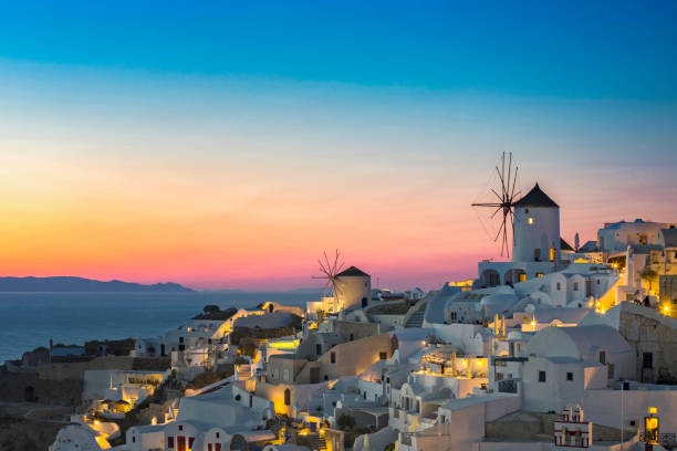 Night view of Santorini island, Oia - Greece Santorini, Greece, Cyclades Islands, Paros, Romantic Sky paros stock pictures, royalty-free photos & images