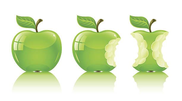 green nibbled apple with leaf green nibbled apple with leaf - vector illustration, isolated on white background apple bite stock illustrations