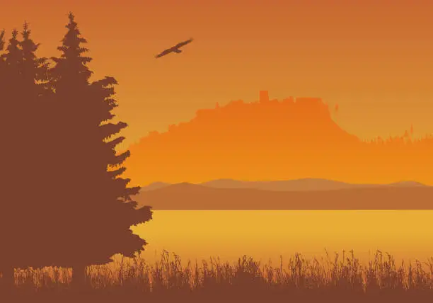 Vector illustration of Landscape with lake, grass and trees with silhouette of castle ruins in background, under orange sky with flying eagle - vector