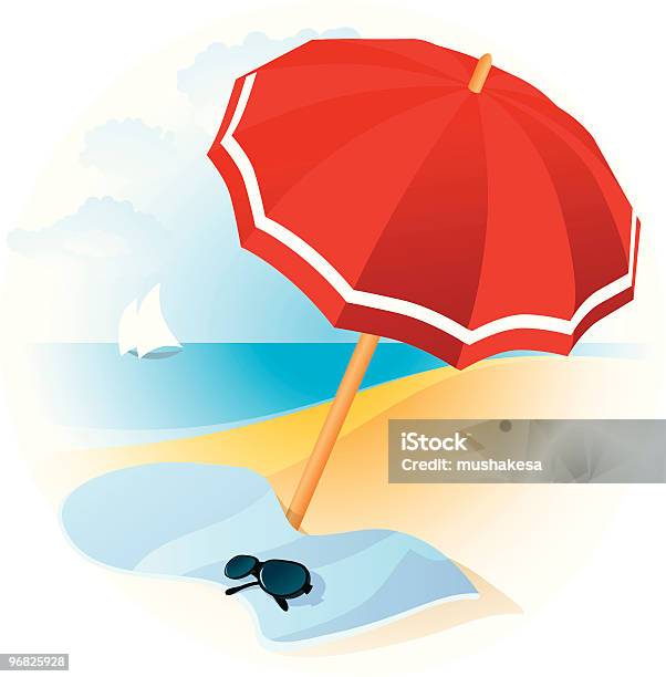 Rosso Ombrello In Spiaggia - Immagini vettoriali stock e altre immagini di Ambientazione esterna - Ambientazione esterna, Attività ricreativa, Blu